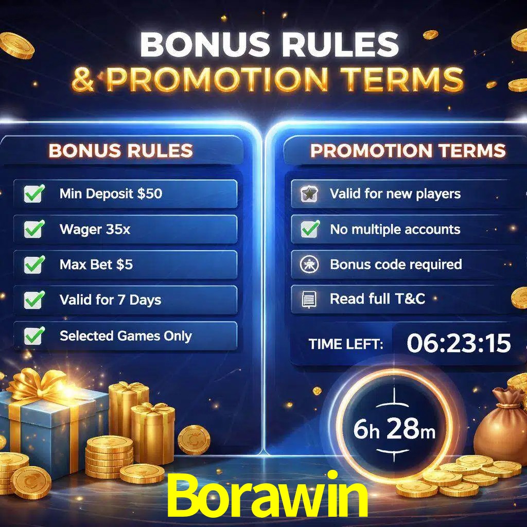 Reglas de promoción Borawin y condiciones de bonos explicadas visualmente