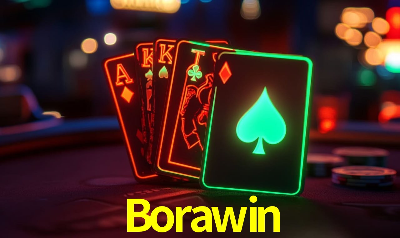Escena dinámica inspirada en casino con iluminación Borawin, cartas, fichas e íconos de juegos digitales en un espacio moderno de juegos.