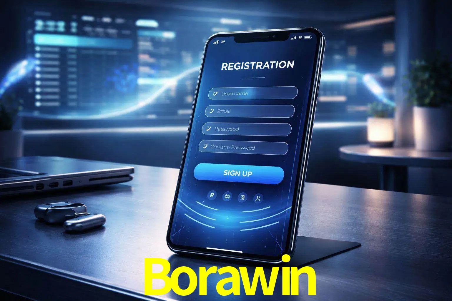 Una interfaz moderna de registro móvil para Borawin mostrada en un smartphone con un panel de apuestas elegante.